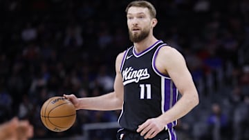 Apr 7, 2025; Detroit, Michigan, USA;  Sacramento Kings forward Domantas Sabonis (11) dribbles in the first half against the Detroit Pistons at Little Caesars Arena. Mandatory Credit: Rick Osentoski-Imagn Images