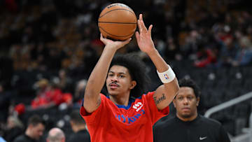Apr 4, 2025; Toronto, Ontario, CAN;  Detroit Pistons forward Ron Harper Jr. (13) shoots the ball during warmups before tip off against the Toronto Raptors at Scotiabank Arena. Mandatory Credit: Dan Hamilton-Imagn Images