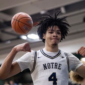 Notre Dame High School (CA) forward Tyran Stokes (4) flexes as he celebrates a shot against Sandra Day O'Connor (AZ) during the Hoophall West High School Invitational at Highland High School.
