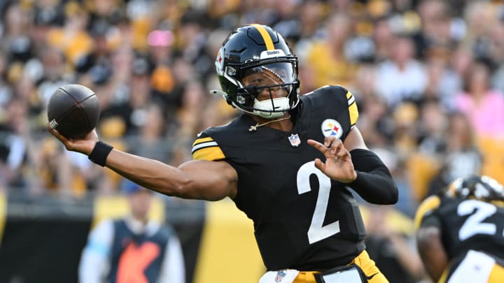 Aug 9, 2024; Pittsburgh, Pennsylvania, USA;  Pittsburgh Steelers quarterback Justin Fields (2) throws a pass against the Houston Texans during the first quarter at Acrisure Stadium. Mandatory Credit: Barry Reeger-USA TODAY Sports