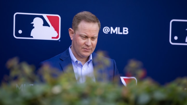 Nov 8, 2023; Scottsdale, AZ, USA; Milwaukee Brewers general manager Matt Arnold speaks to the media during the MLB General Manager's Meetings at Omni Scottsdale Resort & Spa. Mandatory Credit: Mark J. Rebilas-USA TODAY Sports