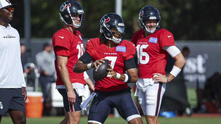 Jul 29, 2024; Houston, TX, USA; Houston Texans quarterback C.J. Stroud (7) during training camp at Houston Methodist Training Center. Mandatory Credit: Troy Taormina-USA TODAY Sports