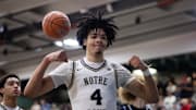 Jan 4, 2025; Gilbert, AZ, USA; Notre Dame High School (CA) forward Tyran Stokes (4) flexes as he celebrates a shot against Sandra Day O'Connor (AZ).
