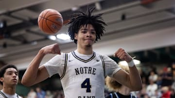 Jan 4, 2025; Gilbert, AZ, USA; Notre Dame High School (CA) forward Tyran Stokes (4) flexes as he celebrates a shot against Sandra Day O'Connor (AZ) during the Hoophall West High School Invitational at Highland High School.