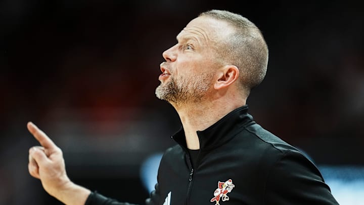 Louisville Cardinals head coach Pat Kelsey coaches from the sideline as the Cards play against visiting Bucknell at the KFC Yum! Center in Louisville, Kentucky Tuesday October 28, 2028.