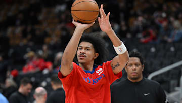 Apr 4, 2025; Toronto, Ontario, CAN;  Detroit Pistons forward Ron Harper Jr. (13) shoots the ball during warmups before tip off against the Toronto Raptors at Scotiabank Arena. Mandatory Credit: Dan Hamilton-Imagn Images