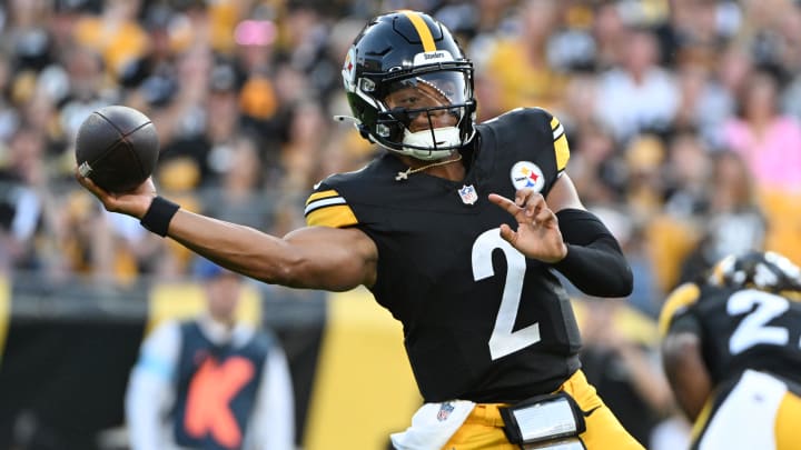 Aug 9, 2024; Pittsburgh, Pennsylvania, USA;  Pittsburgh Steelers quarterback Justin Fields (2) throws a pass against the Houston Texans during the first quarter at Acrisure Stadium.