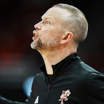 Louisville Cardinals head coach Pat Kelsey coaches from the sideline as the Cards play against visiting Bucknell at the KFC Yum! Center in Louisville, Kentucky Tuesday October 28, 2028.