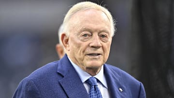 Sep 28, 2025; Arlington, Texas, USA; Dallas Cowboys owner Jerry Jones looks on before the game against the Green Bay Packers at AT&T Stadium. Mandatory Credit: Jerome Miron-Imagn Images