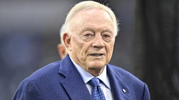 Sep 28, 2025; Arlington, Texas, USA; Dallas Cowboys owner Jerry Jones looks on before the game against the Green Bay Packers at AT&T Stadium. Mandatory Credit: Jerome Miron-Imagn Images