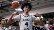 Notre Dame High School (CA) forward Tyran Stokes (4) flexes as he celebrates a shot against Sandra Day O'Connor (AZ) during the Hoophall West High School Invitational at Highland High School. 
