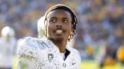 Nov 18, 2023; Tempe, Arizona, USA; Oregon Ducks defensive back Khyree Jackson (5) against the Arizona State Sun Devils at Mountain America Stadium. Mandatory Credit: Mark J. Rebilas-Imagn Images