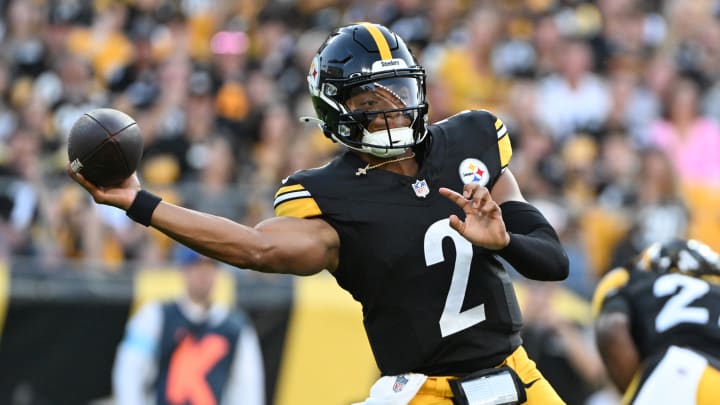 Aug 9, 2024; Pittsburgh, Pennsylvania, USA;  Pittsburgh Steelers quarterback Justin Fields (2) throws a pass against the Houston Texans during the first quarter at Acrisure Stadium. Mandatory Credit: Barry Reeger-USA TODAY Sports