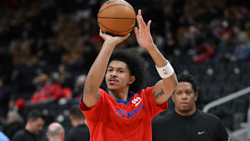 Apr 4, 2025; Toronto, Ontario, CAN;  Detroit Pistons forward Ron Harper Jr. (13) shoots the ball during warmups before tip off against the Toronto Raptors at Scotiabank Arena. Mandatory Credit: Dan Hamilton-Imagn Images