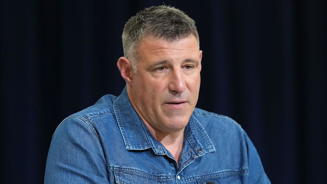 Feb 25, 2026; Indianapolis, IN, USA; New England Patriots coach Mike Vrabel speaks during the NFL Scouting Combine at the Indiana Convention Center. Mandatory Credit: Kirby Lee-Imagn Images Feb 25, 2026; Indianapolis, IN, USA; New England Patriots coach Mike Vrabel speaks during the NFL Scouting Combine at the Indiana Convention Center. Mandatory Credit: Kirby Lee-Imagn Images