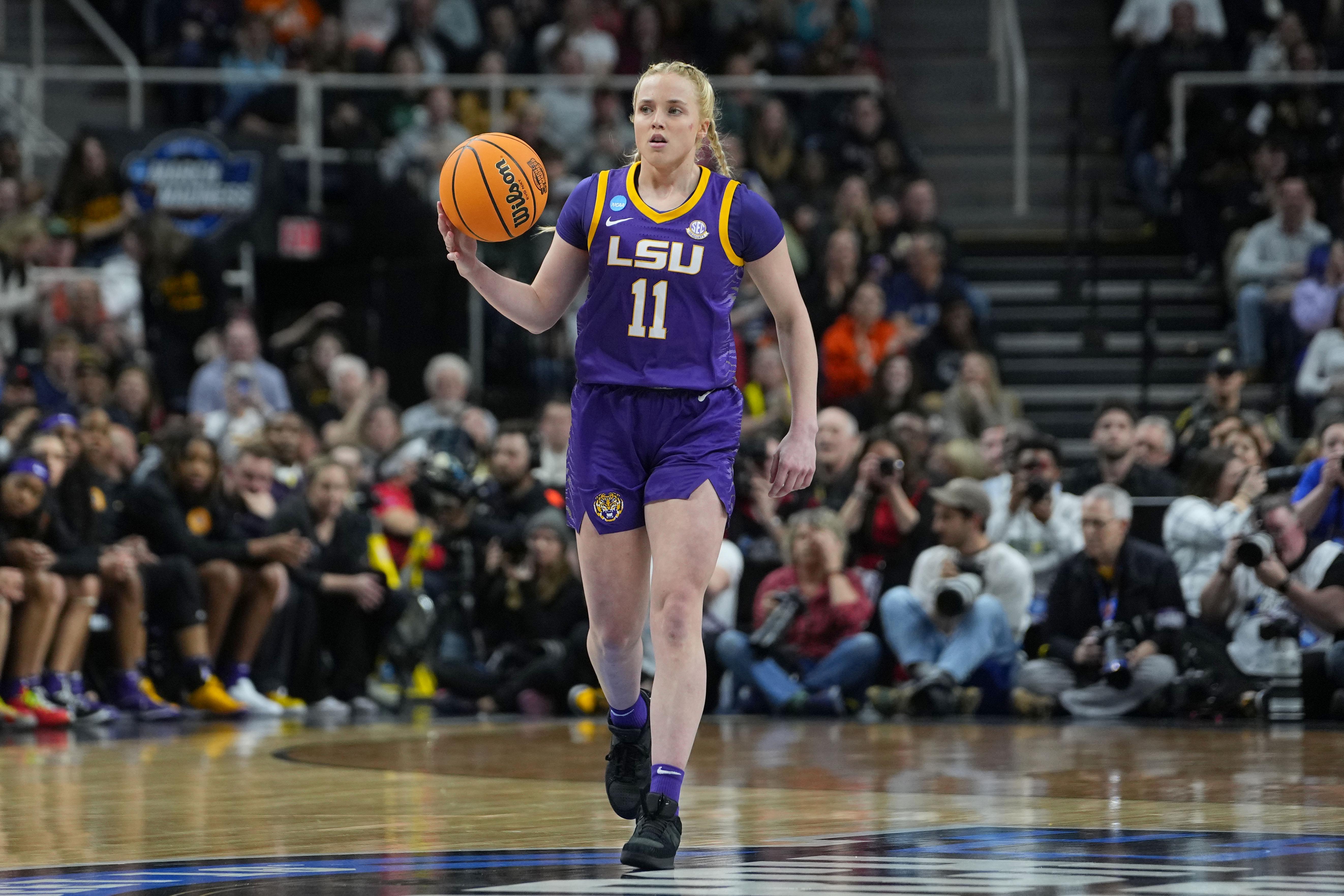 LSU Tigers guard Hailey Van Lith dribbles the ball.