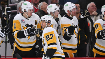Feb 15, 2024; Chicago, Illinois, USA; Pittsburgh Penguins forward Sidney Crosby (87) celebrates
