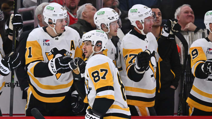 Feb 15, 2024; Chicago, Illinois, USA; Pittsburgh Penguins forward Sidney Crosby (87) celebrates