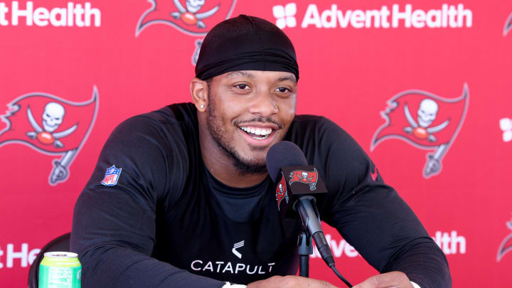 Aug 8, 2023; Tampa, FL, USA; Tampa Bay Buccaneers linebacker SirVocea Dennis (8) gives a press conference after training camp at AdventHealth Training Center. Mandatory Credit: Nathan Ray Seebeck-USA TODAY Sports