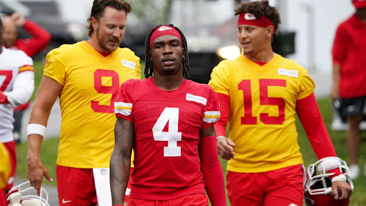 Kansas City Chiefs quarterback Blaine Gabbert (9) and wide receiver Rashee Rice (4), and quarterback Patrick Mahomes (15) walk from the locker room to the practice fields during training camp at Missouri Western State University.