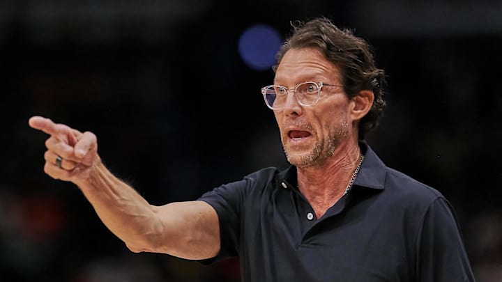 Nov 22, 2025; New Orleans, Louisiana, USA;  Atlanta Hawks head coach Quin Snyder reacts against the New Orleans Pelicans during the first half of the game at the Smoothie King Center. Mandatory Credit: Daniel Anderson-Imagn Images