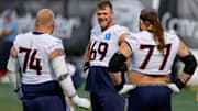 Jul 26, 2024; Englewood, CO, USA; Denver Broncos offensive tackle Mike McGlinchey (69) and guard Ben Powers (74) and guard Quinn Meinerz (77) during training camp at Broncos Park Powered by CommonSpirit. Mandatory Credit: Isaiah J. Downing-Imagn Images