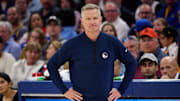 Apr 13, 2025; San Francisco, California, USA; Golden State Warriors head coach Steve Kerr looks on against the LA Clippers during the second quarter at Chase Center. Mandatory Credit: Robert Edwards-Imagn Images