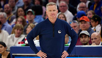 Apr 13, 2025; San Francisco, California, USA; Golden State Warriors head coach Steve Kerr looks on against the LA Clippers during the second quarter at Chase Center. Mandatory Credit: Robert Edwards-Imagn Images