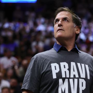 Apr 10, 2024; Miami, Florida, USA; Dallas Mavericks minority owner Mark Cuban looks on from the sideline against the Miami Heat during the third quarter at Kaseya Center. Mandatory Credit: Sam Navarro-USA TODAY Sports