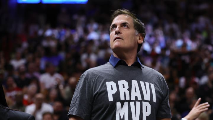 Apr 10, 2024; Miami, Florida, USA; Dallas Mavericks minority owner Mark Cuban looks on from the sideline against the Miami Heat during the third quarter at Kaseya Center. Mandatory Credit: Sam Navarro-USA TODAY Sports