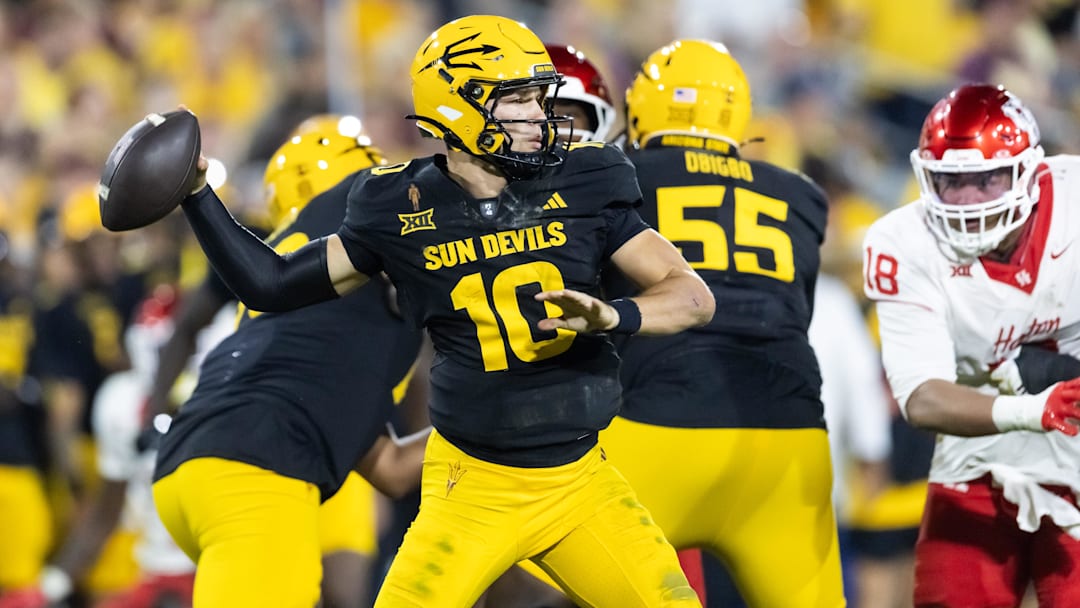 Oct 25, 2025; Tempe, Arizona, USA; Arizona State Sun Devils quarterback Sam Leavitt (10) against the Houston Cougars in the second half at Mountain America Stadium. Mandatory Credit: Mark J. Rebilas-Imagn Images