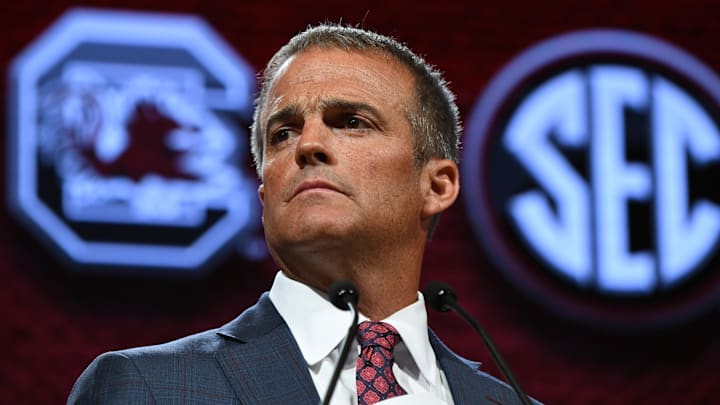 Jul 20, 2023; Nashville, TN, USA; South Carolina Gamecocks head coach Shane Beamer speaks to the media during SEC Media Day at Grand Hyatt. Mandatory Credit: Christopher Hanewinckel-Imagn Images