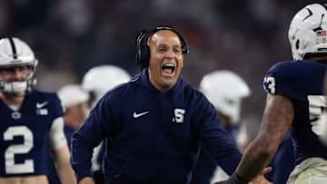 Penn State coach James Franklin celebrates with the Nittany Lions during the Fiesta Bowl against Boise State.
