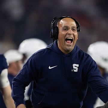 Penn State coach James Franklin celebrates with the Nittany Lions during the Fiesta Bowl against Boise State.