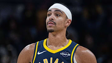 Indiana Pacers guard Andrew Nembhard (2) looks on in the second half against the Charlotte Hornets at Gainbridge Fieldhouse.
