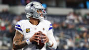 Dallas Cowboys quarterback Dak Prescott (4) warms up before the game against the Philadelphia Eagles  at AT&T Stadium. 