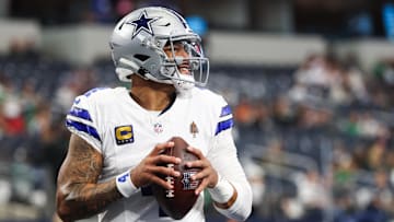 Dallas Cowboys quarterback Dak Prescott (4) warms up before the game against the Philadelphia Eagles  at AT&T Stadium. 
