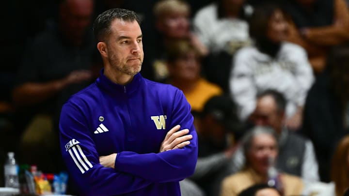 Jan 7, 2026; West Lafayette, Indiana, USA; Washington Huskies head coach Danny Sprinkle watches gameplay during the second half against the Purdue Boilermakers at Mackey Arena. Mandatory Credit: Marc Lebryk-Imagn Images