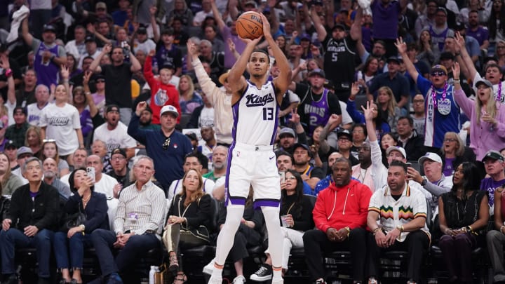 Apr 16, 2024; Sacramento, California, USA; Sacramento Kings forward Keegan Murray (13) shoots the ball against the Golden State Warriors in the first quarter during a play-in game of the 2024 NBA playoffs at the Golden 1 Center. Mandatory Credit: Cary Edmondson-USA TODAY Sports