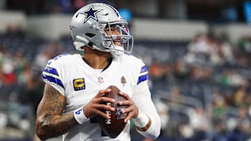 Nov 23, 2025; Arlington, Texas, USA; Dallas Cowboys quarterback Dak Prescott (4) warms up before the game against the Philadelphia Eagles  at AT&T Stadium. Mandatory Credit: Kevin Jairaj-Imagn Images
