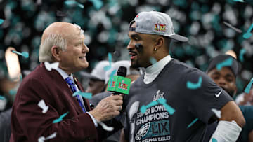 Feb 9, 2025; New Orleans, LA, USA; Fox sports presenter Terry Bradshaw (L) interviews Philadelphia Eagles quarterback Jalen Hurts (R) during the championship trophy presentation after the Eagles' game against the Kansas City Chiefs in Super Bowl LIX at Caesars Superdome. Mandatory Credit: Geoff Burke-Imagn Images