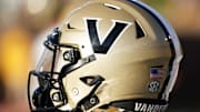 Oct 22, 2022; Columbia, Missouri, USA; A detail view of a Vanderbilt Commodores helmet against the Missouri Tigers during the second half of the game at Faurot Field at Memorial Stadium. Mandatory Credit: Denny Medley-Imagn Images