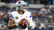 Dallas Cowboys quarterback Dak Prescott warms up before the game against the Philadelphia Eagles.