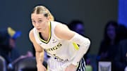 Sep 11, 2025; Arlington, Texas, USA; Dallas Wings guard Paige Bueckers (5) looks on during the second half against the Phoenix Mercury at College Park Center. Mandatory Credit: Jerome Miron-Imagn Images