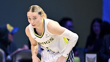 Sep 11, 2025; Arlington, Texas, USA; Dallas Wings guard Paige Bueckers (5) looks on during the second half against the Phoenix Mercury at College Park Center. Mandatory Credit: Jerome Miron-Imagn Images