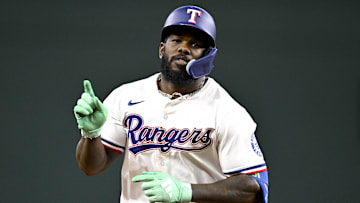 Aug 23, 2025; Arlington, Texas, USA; Texas Rangers right fielder Adolis Garcia (53) rounds the bases after he hits a two run home run against the Cleveland Guardians during the fifth inning at Globe Life Field. Mandatory Credit: Jerome Miron-Imagn Images