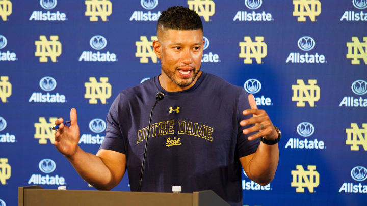 Notre Dame head coach Marcus Freeman speaks with the media after a Notre Dame football practice at Irish Athletic Center on Wednesday, July 31, 2024, in South Bend.