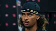 Jul 9, 2025; Frisco, TX, USA; Colorado quarterback Julian Lewis speaks with the media during 2025 Big 12 Football Media Days at The Star.