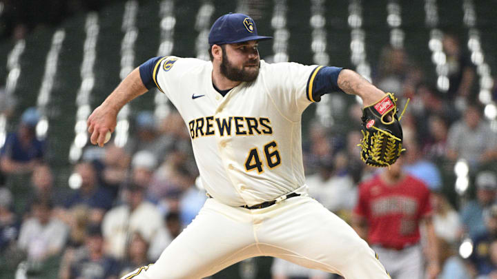 Jun 20, 2023; Milwaukee, Wisconsin, USA; Milwaukee Brewers relief pitcher Bryse Wilson (46) delivers a pitch against the Arizona Diamondbacks in the seventh inning at American Family Field.