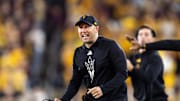 Nov 28, 2025; Tempe, Arizona, USA; Arizona State Sun Devils head coach Kenny Dillingham reacts against the Arizona Wildcats in the second half during the 99th Territorial Cup at Mountain America Stadium. Mandatory Credit: Mark J. Rebilas-Imagn Images